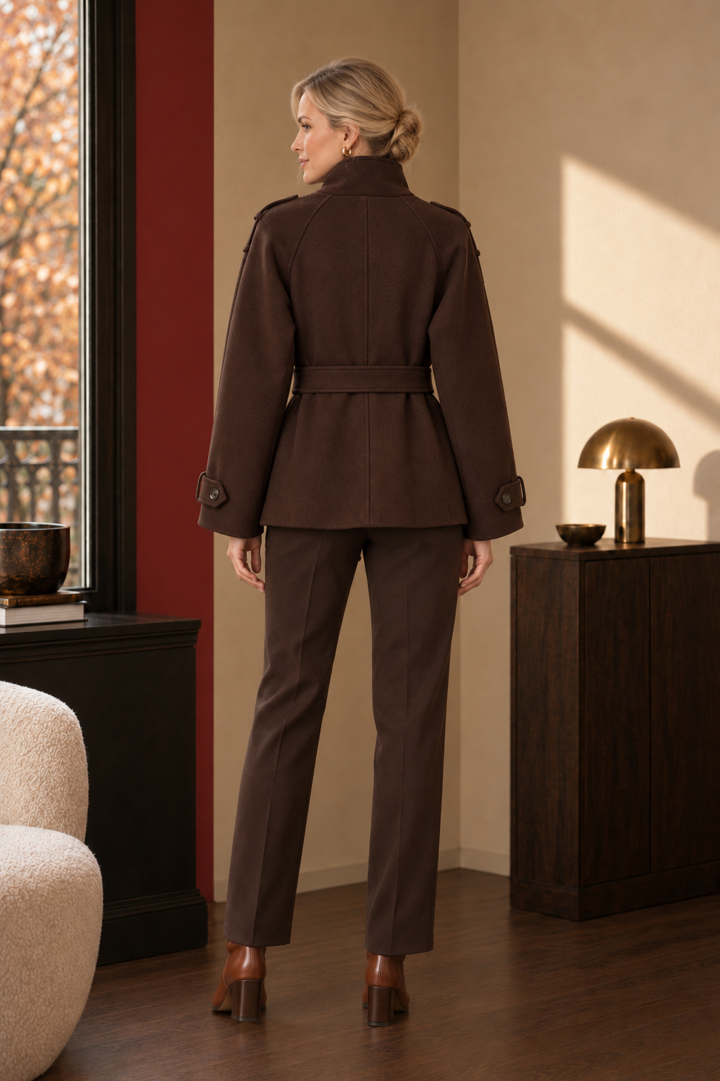 Freya Belted Short Coat in Chocolate Brown, back view.