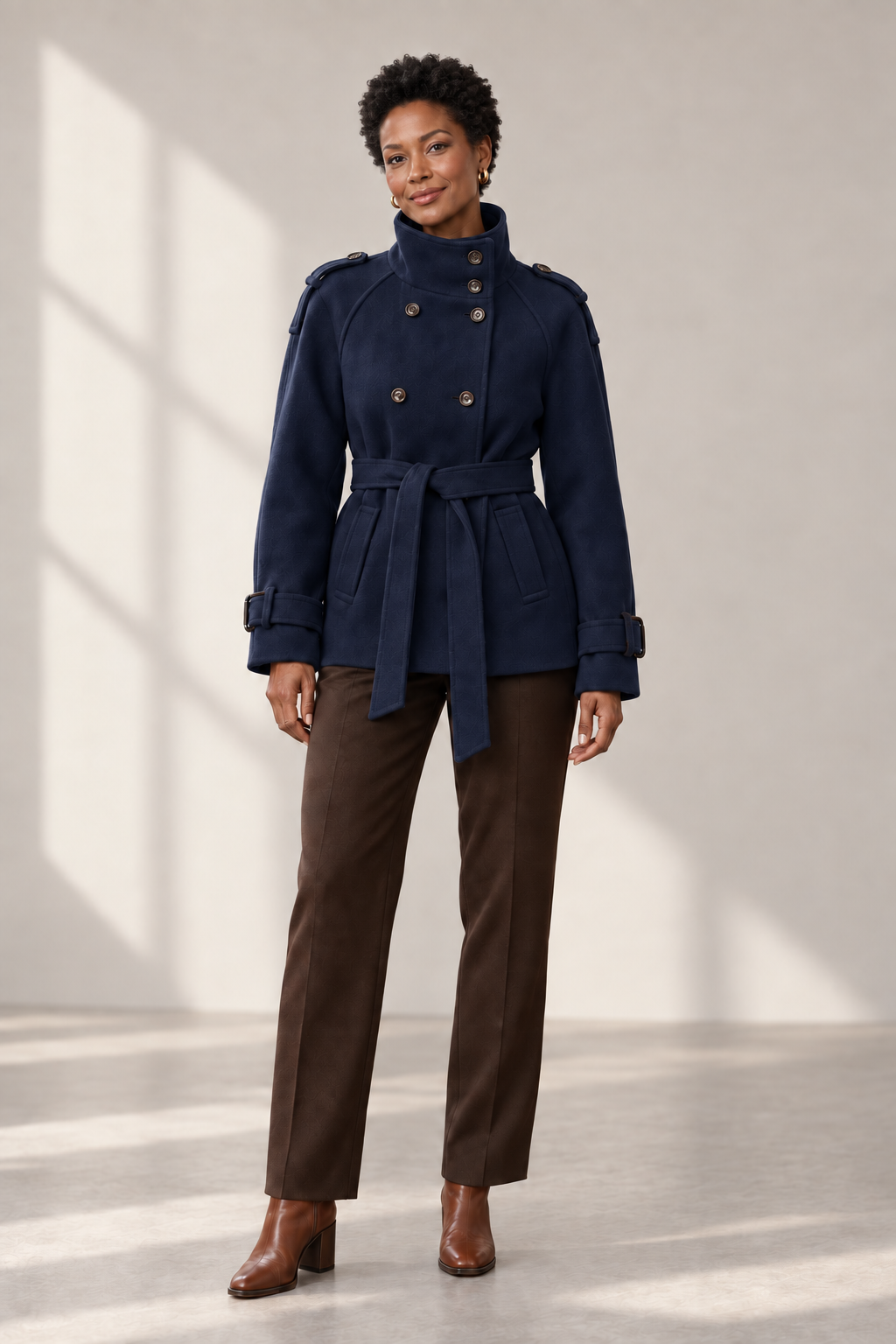 Freya Belted Short Coat in Navy — digitally recoloured product image