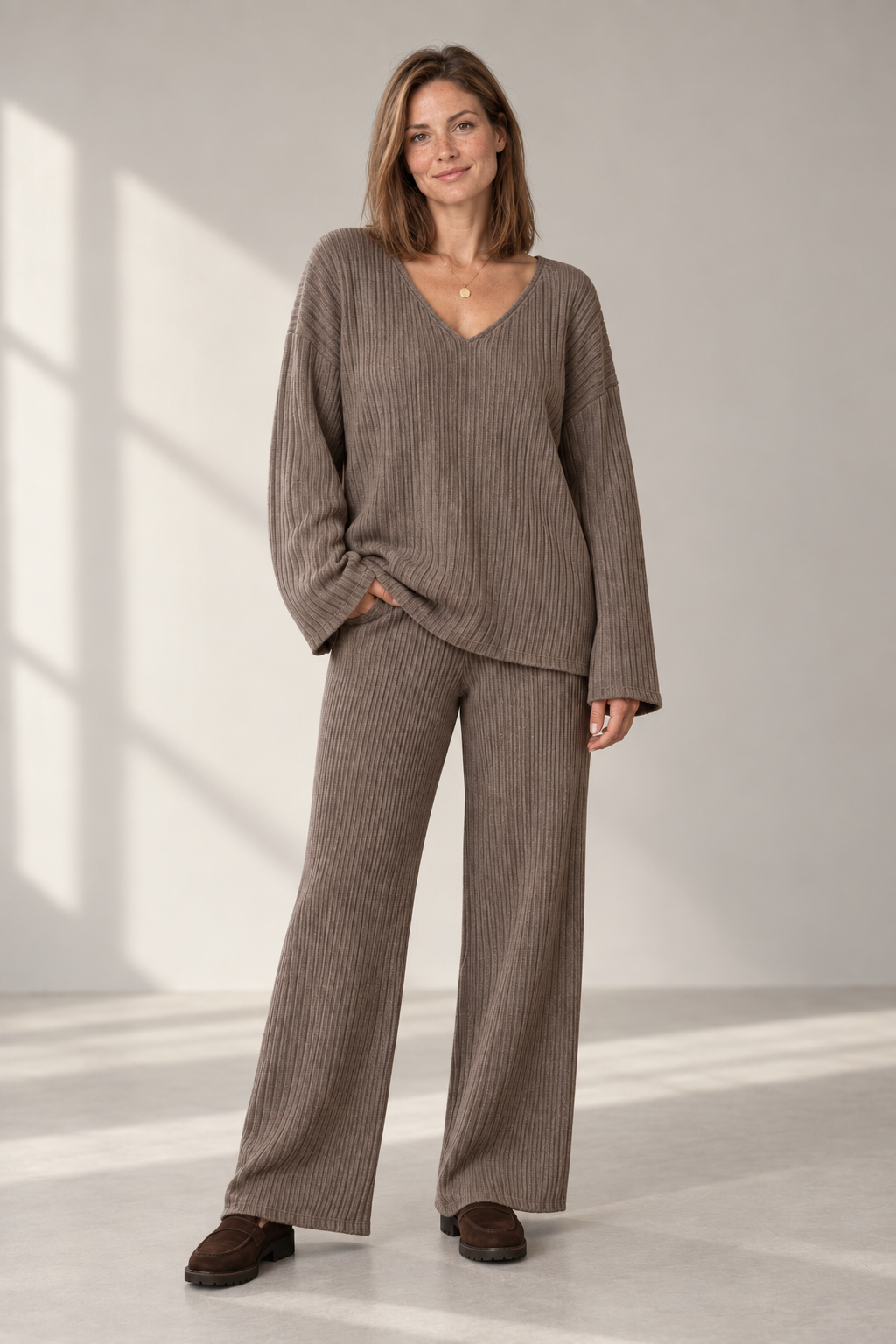 Hazel Ribbed Knit Set in Taupe Brown, shown on a model