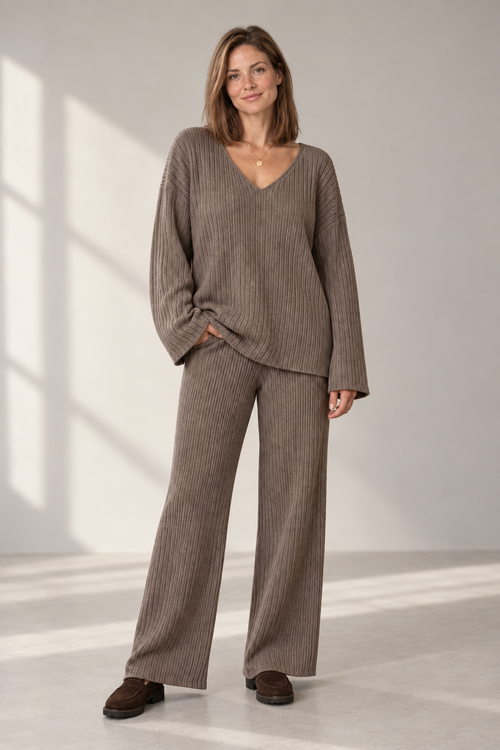 Hazel Ribbed Knit Set in Taupe Brown, shown on a model