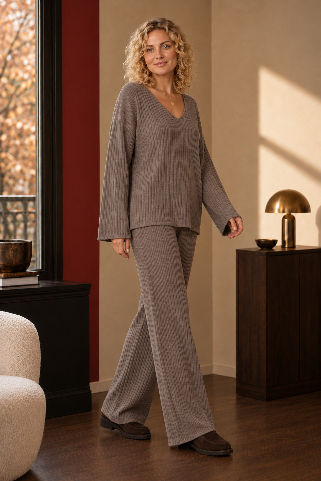 Hazel Ribbed Knit Set in Taupe Brown, front view.