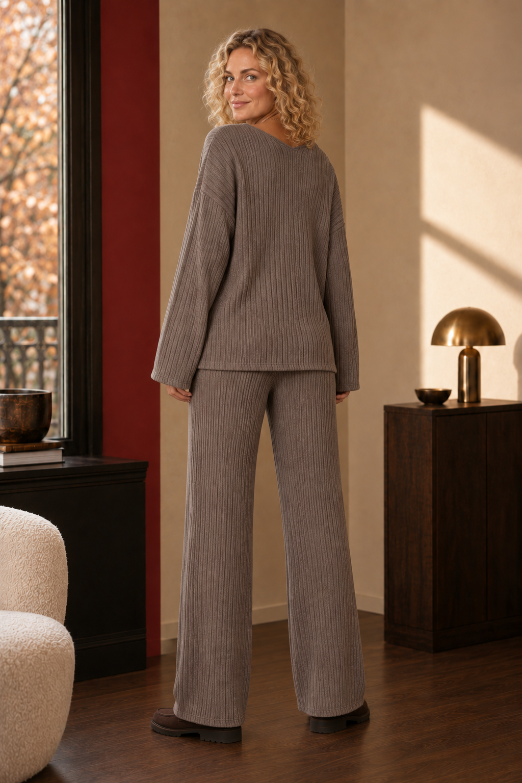 Hazel Ribbed Knit Set in Taupe Brown, back view.