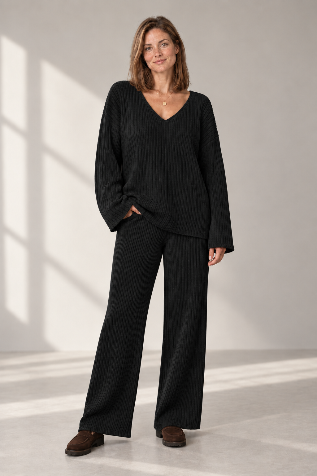 Hazel Ribbed Knit Set in Black — digitally recoloured product image