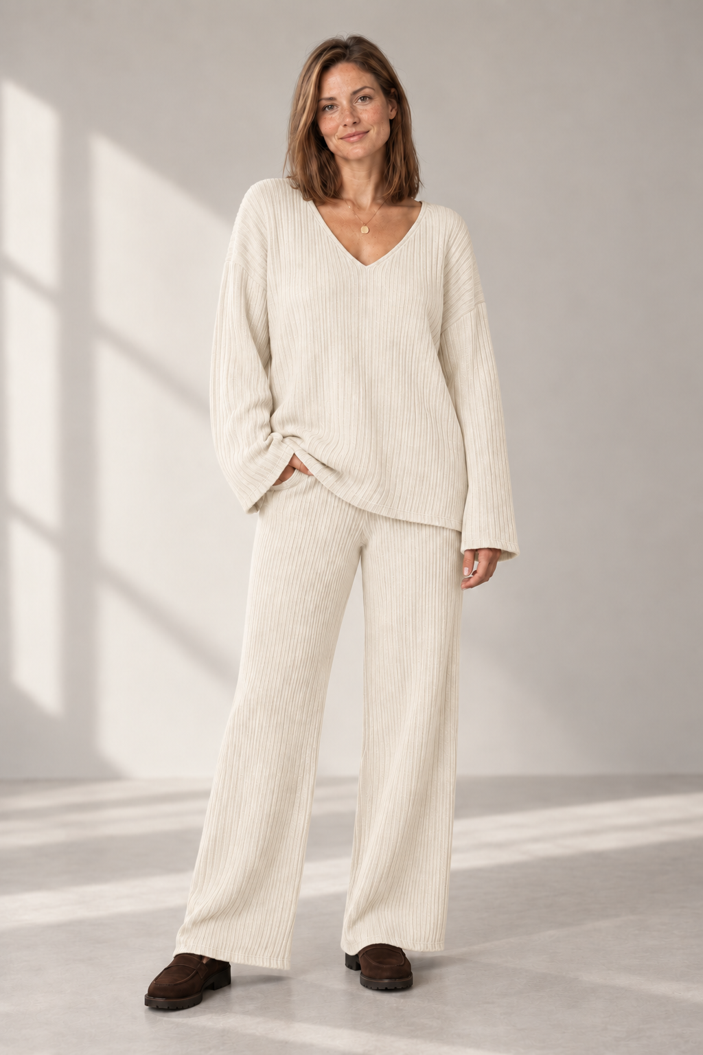 Hazel Ribbed Knit Set in Cream — digitally recoloured product image