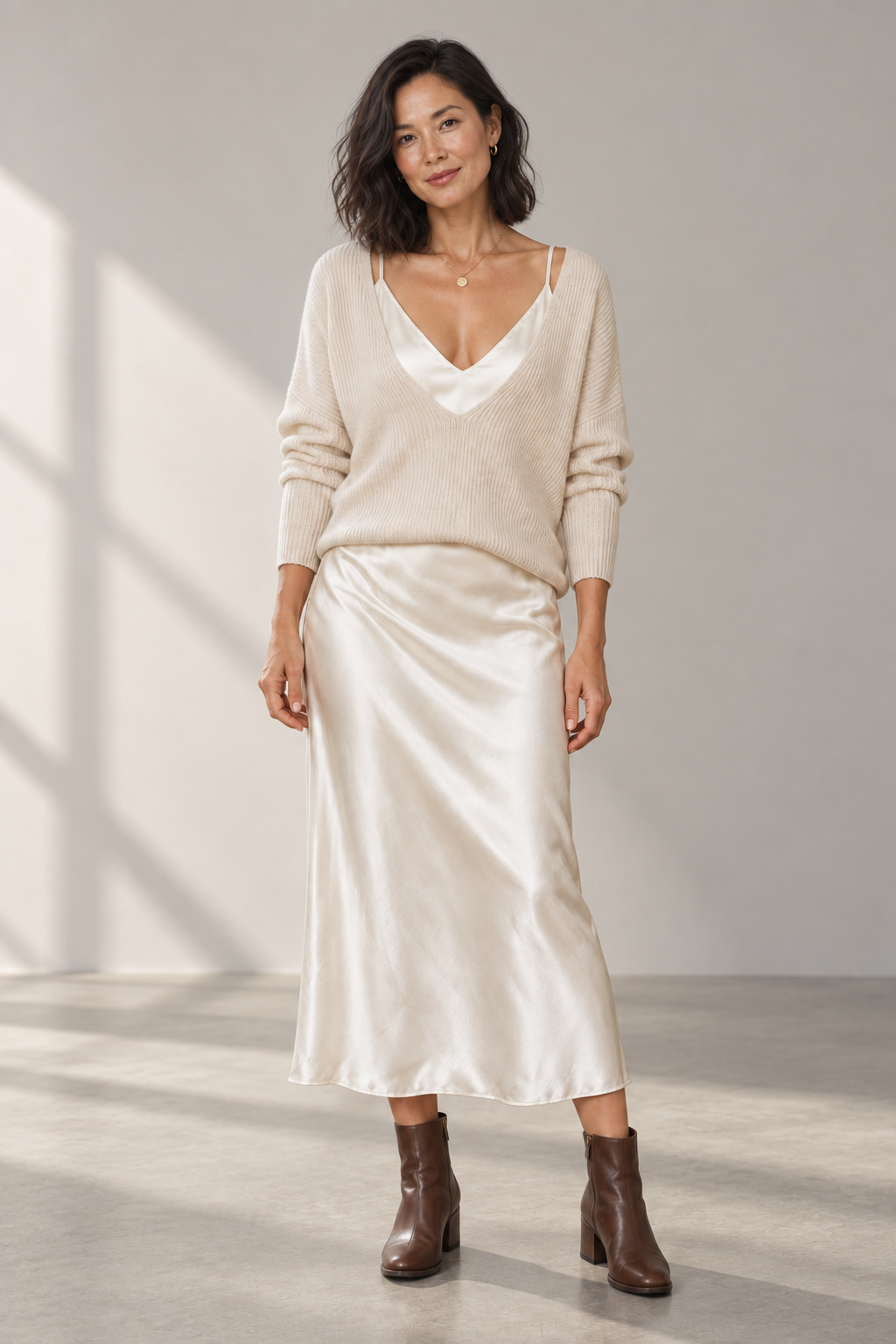 Iris Satin Dress & Knit Set in Ivory, shown on a model