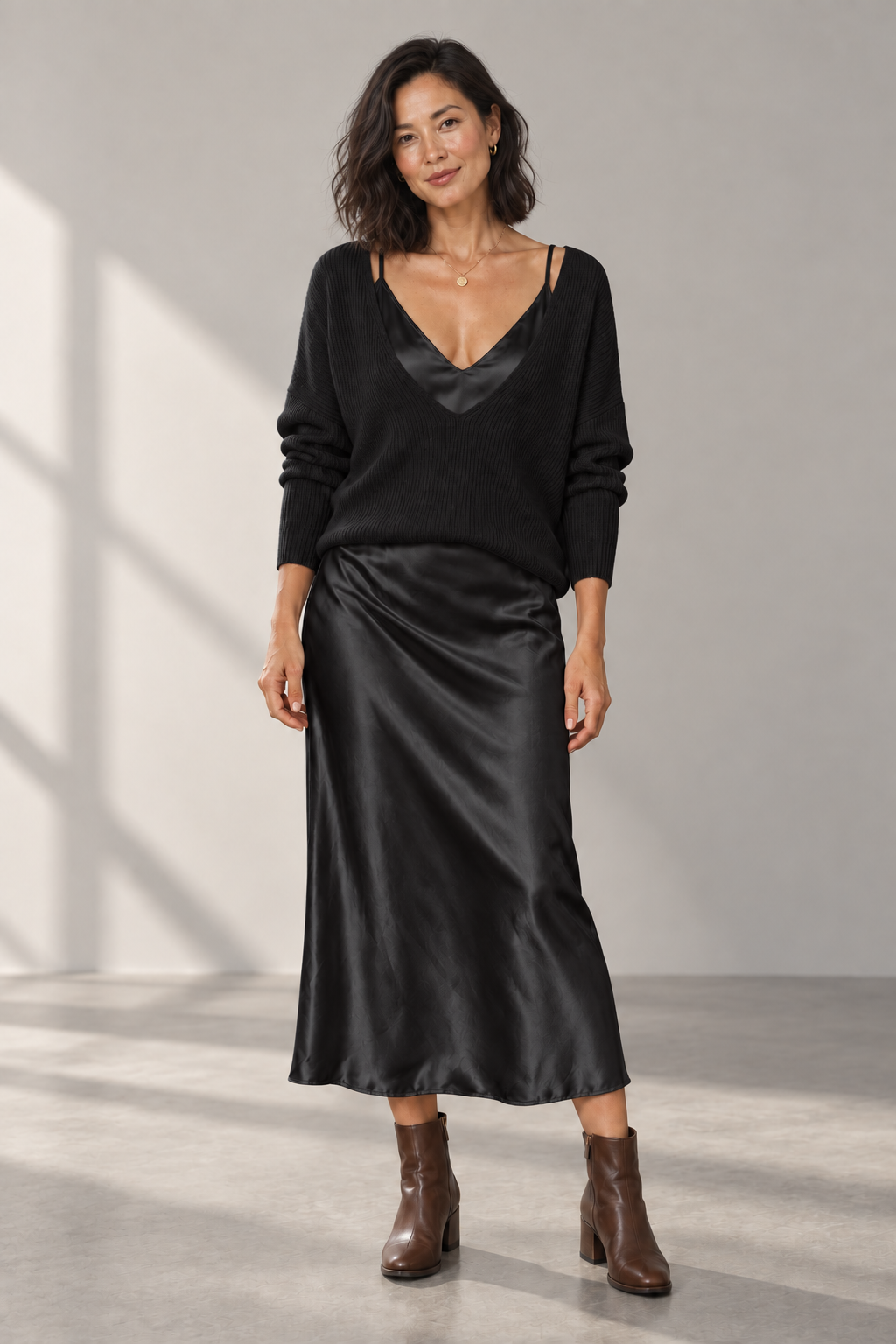 Iris Satin Dress & Knit Set in Black — digitally recoloured product image