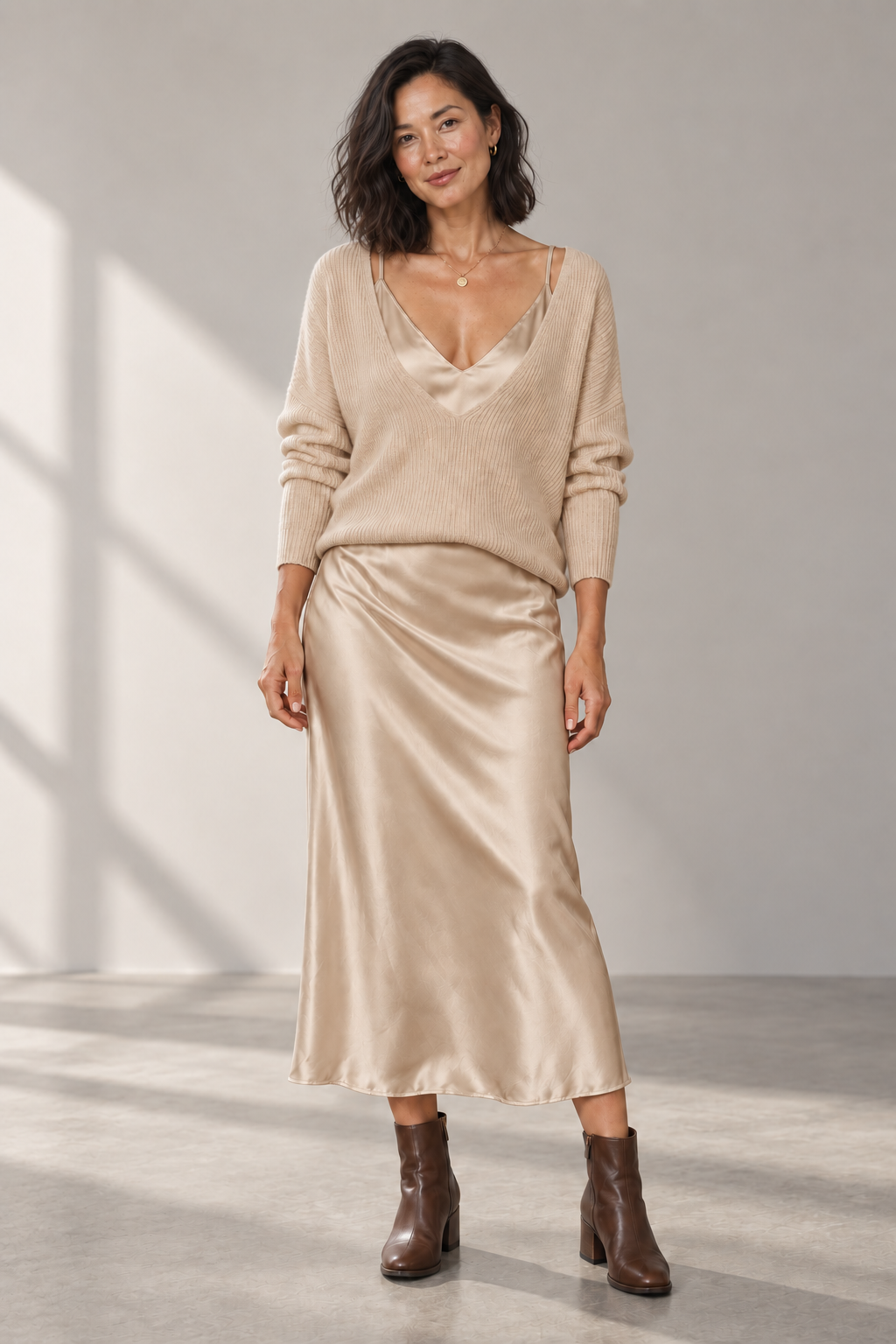 Iris Satin Dress & Knit Set in Beige — digitally recoloured product image