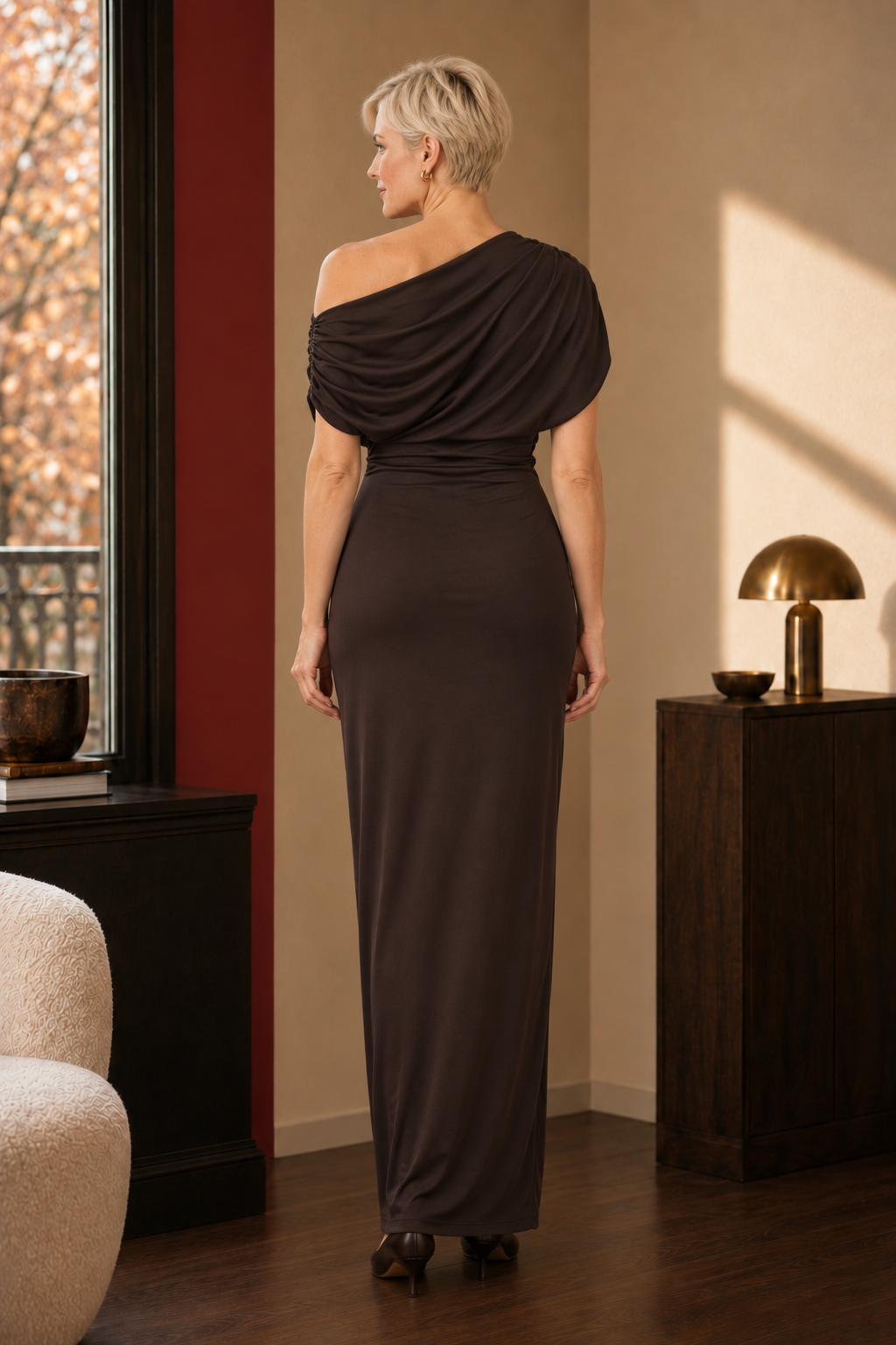 Isla Draped Jersey Maxi Dress in dark brown, back view.