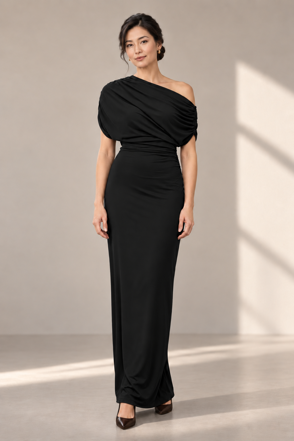Isla Draped Jersey Maxi Dress in Black — digitally recoloured product image