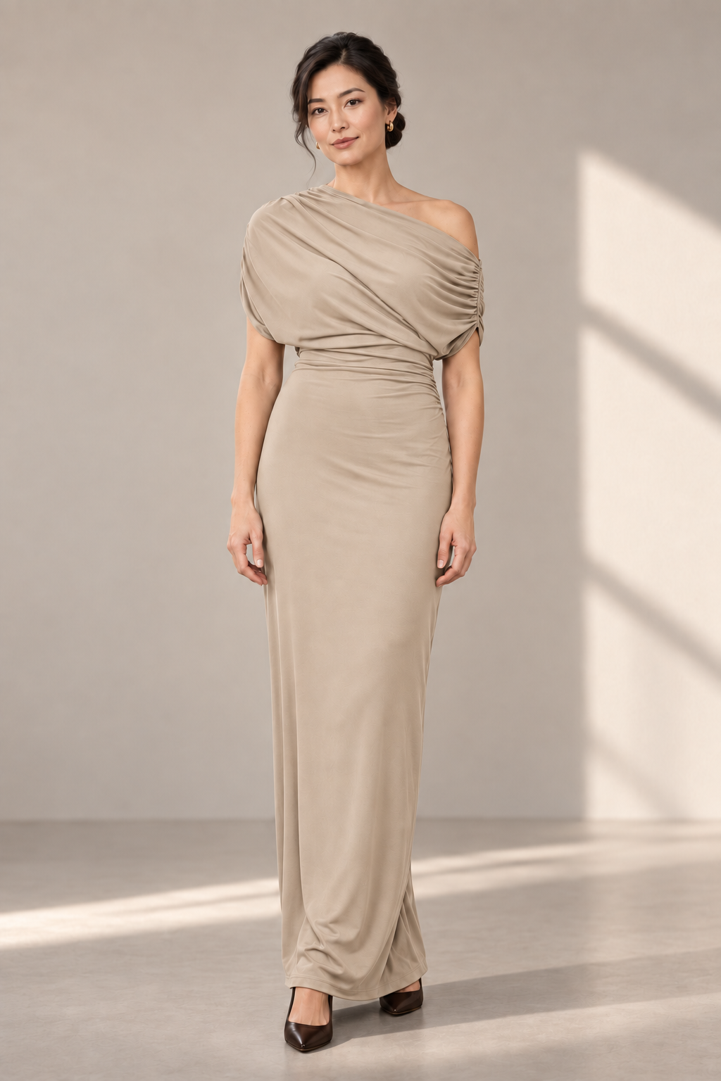 Isla Draped Jersey Maxi Dress in Beige — digitally recoloured product image