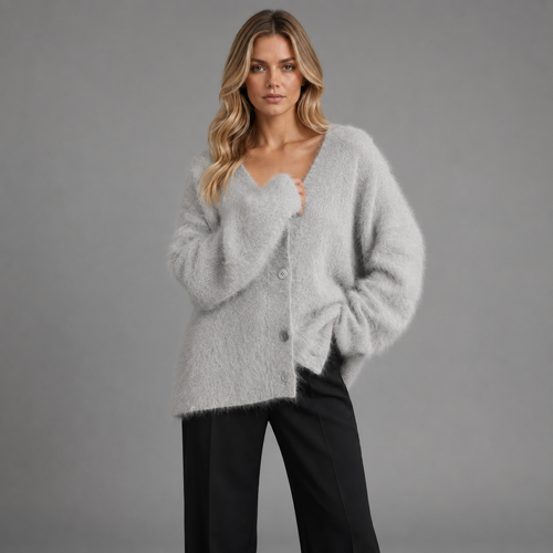 Carovalen livia soft V-neck cardigan in grey, front studio view