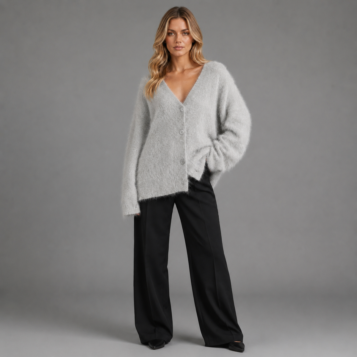 Carovalen livia soft V-neck cardigan in grey, three-quarter studio view