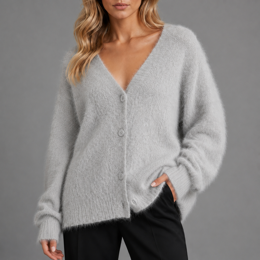 Carovalen livia soft V-neck cardigan in grey, neckline and knit detail