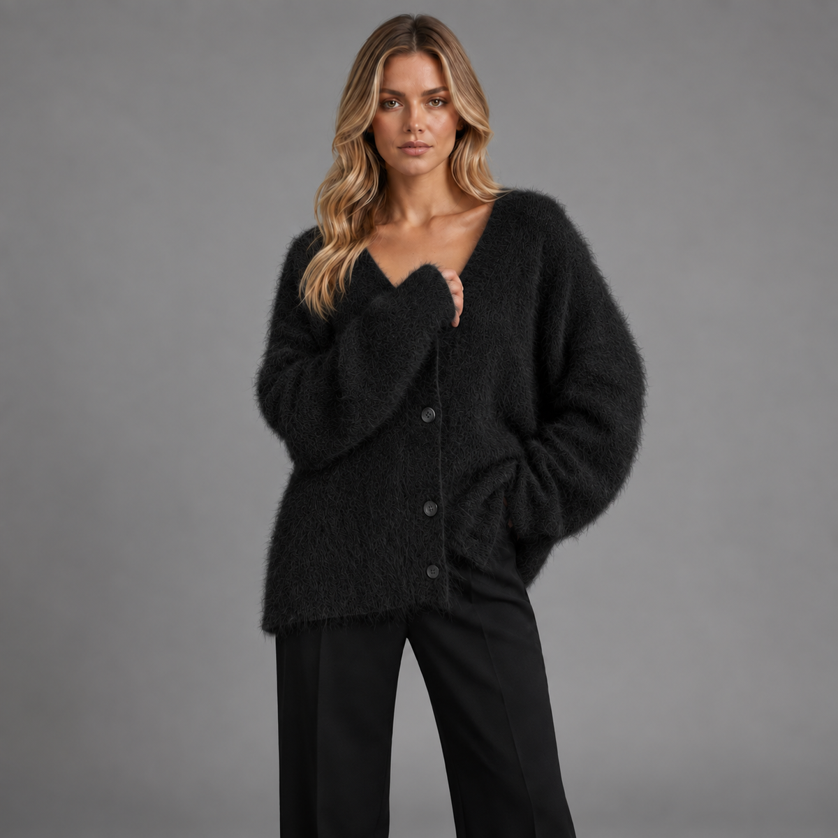 Livia Soft V-Neck Cardigan in Black — digitally recoloured product image