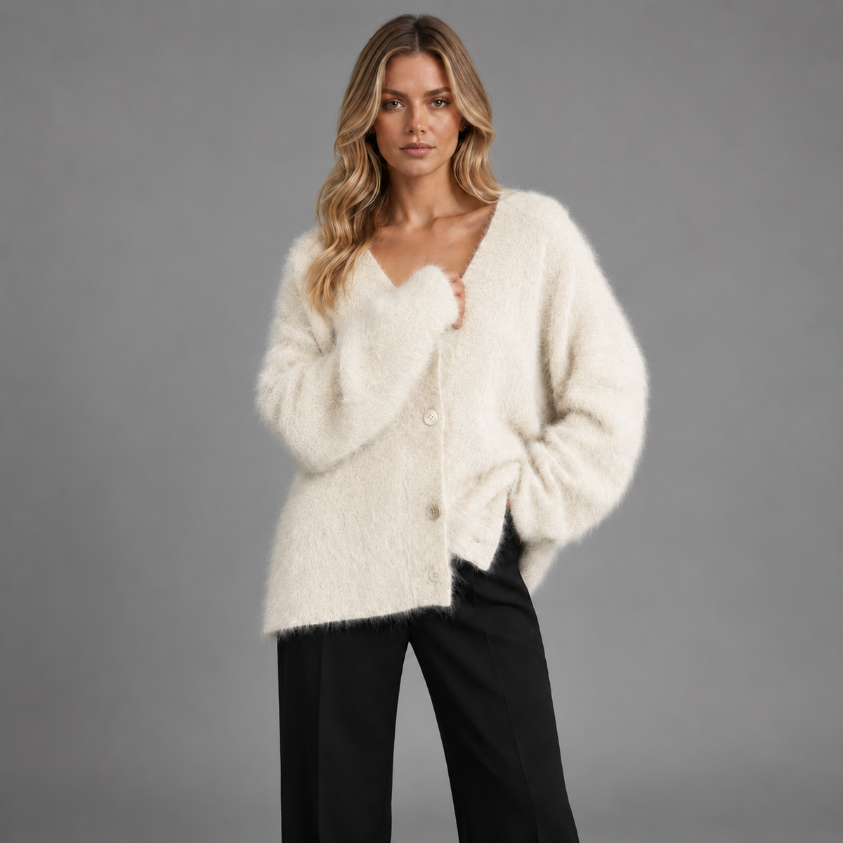 Livia Soft V-Neck Cardigan in Cream — digitally recoloured product image