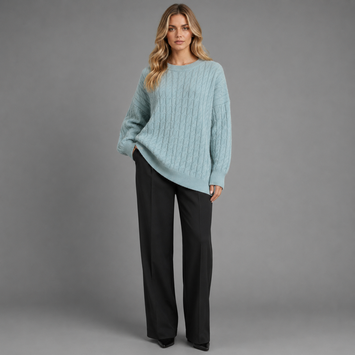 Carovalen mara cable-knit pullover in light blue, front studio view