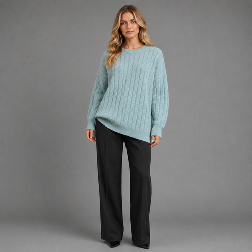 Carovalen mara cable-knit pullover in light blue, three-quarter studio view