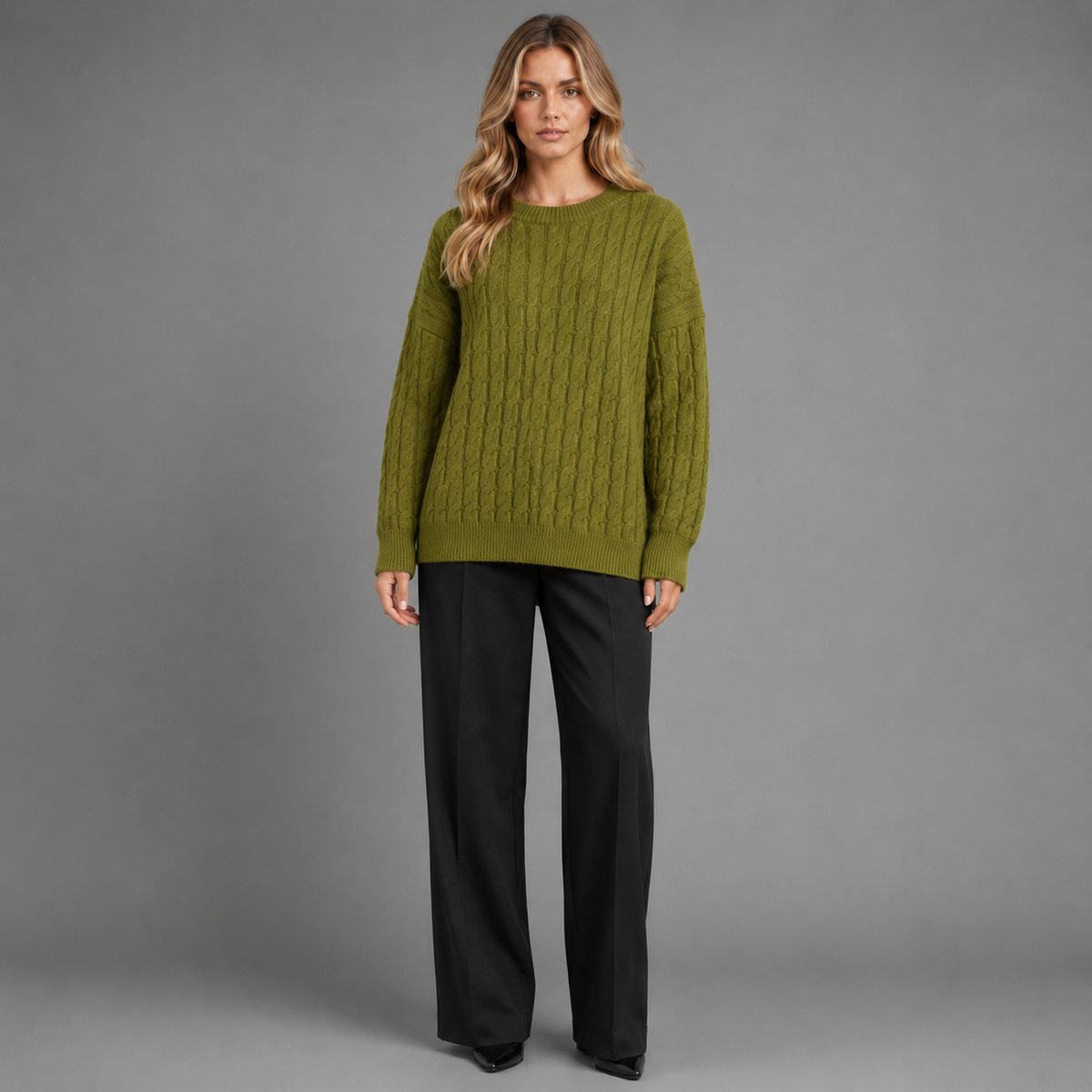 Carovalen mara cable-knit pullover in olive green, front studio view