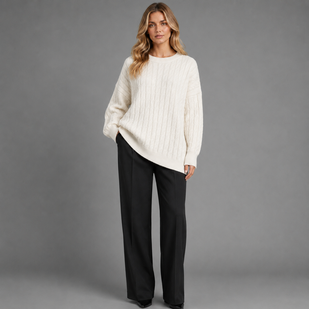 Carovalen mara cable-knit pullover in ivory, front studio view