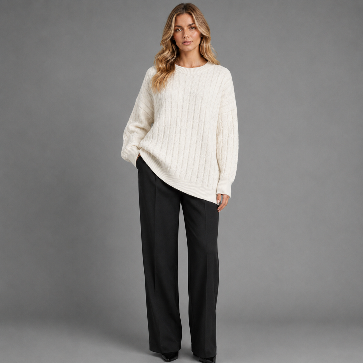 Carovalen mara cable-knit pullover in ivory, front studio view