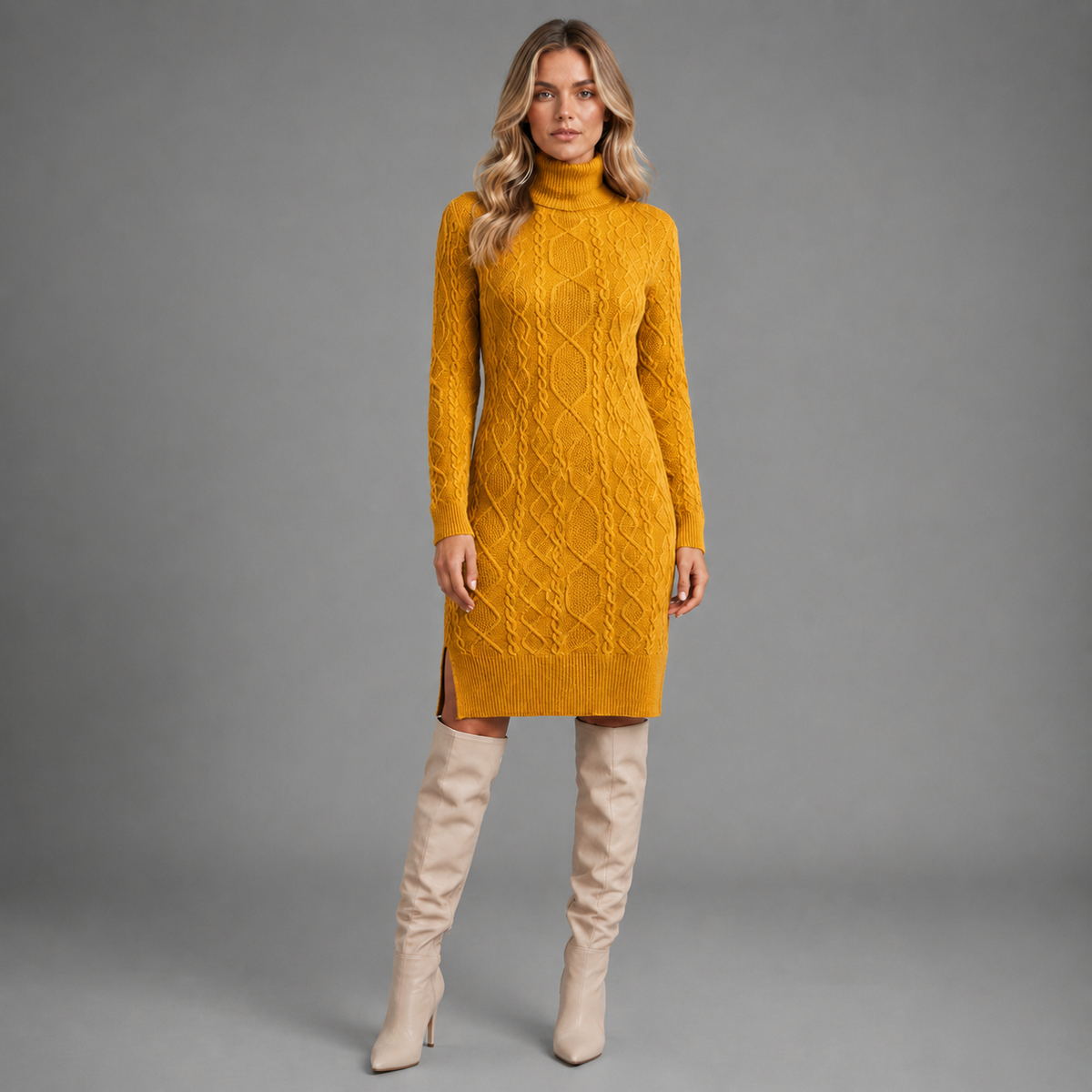 Carovalen nora turtleneck cable-knit dress in mustard, front studio view