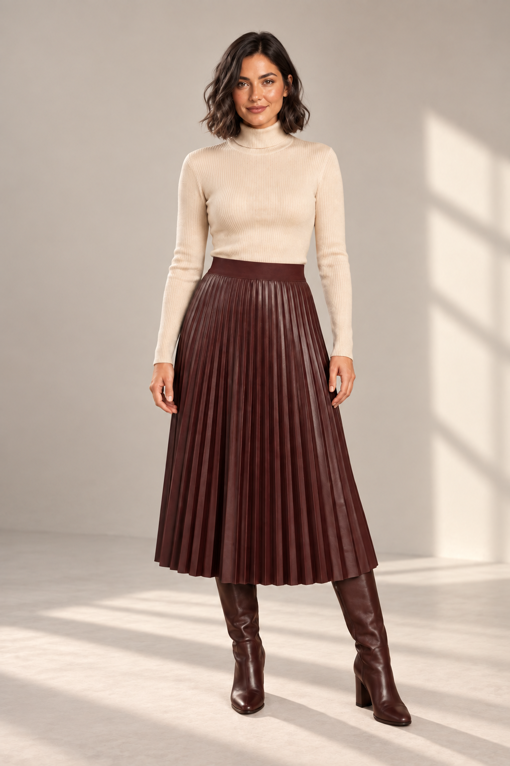 Opal Pleated Faux-Leather Midi Skirt in Burgundy, shown on a model