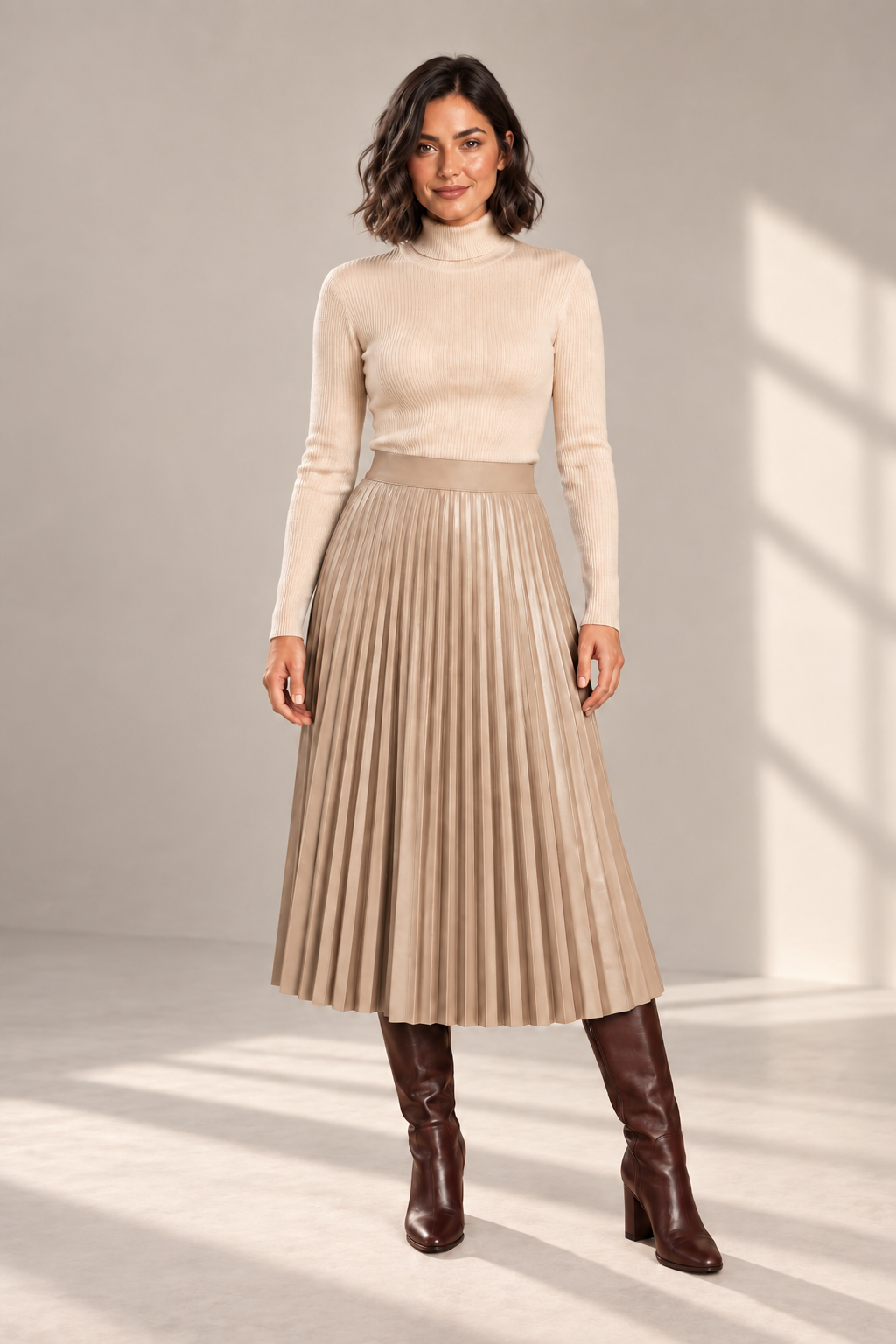Opal Pleated Faux-Leather Midi Skirt in Beige — digitally recoloured product image