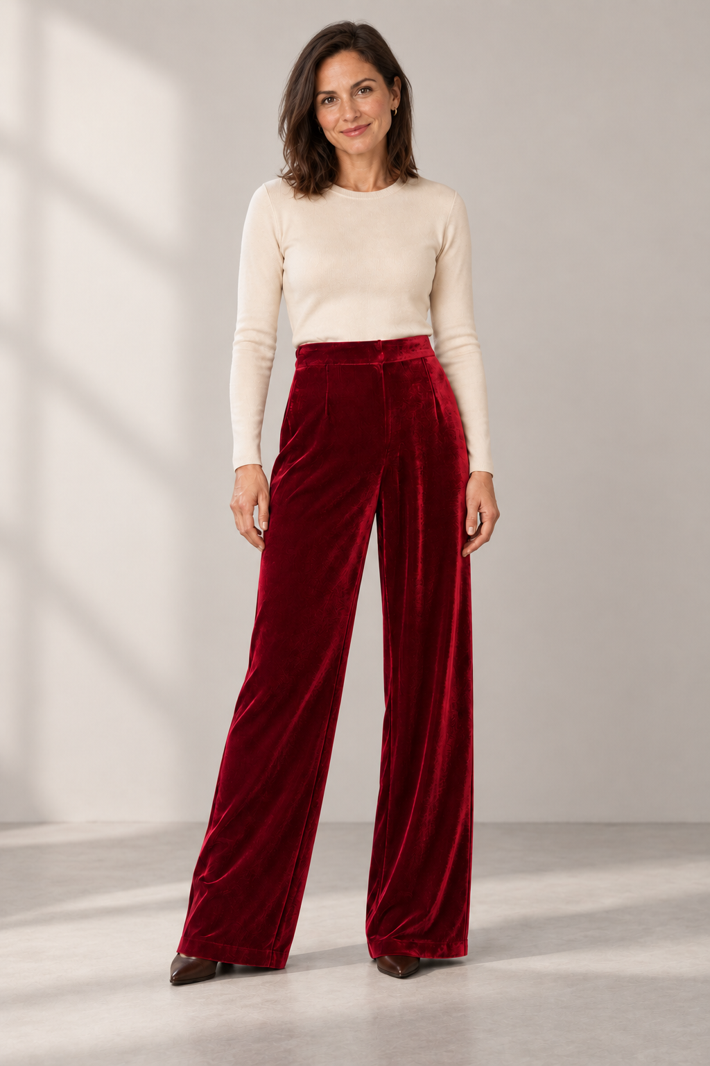 Orla velvet wide-leg trousers in Wine Red, shown on a model