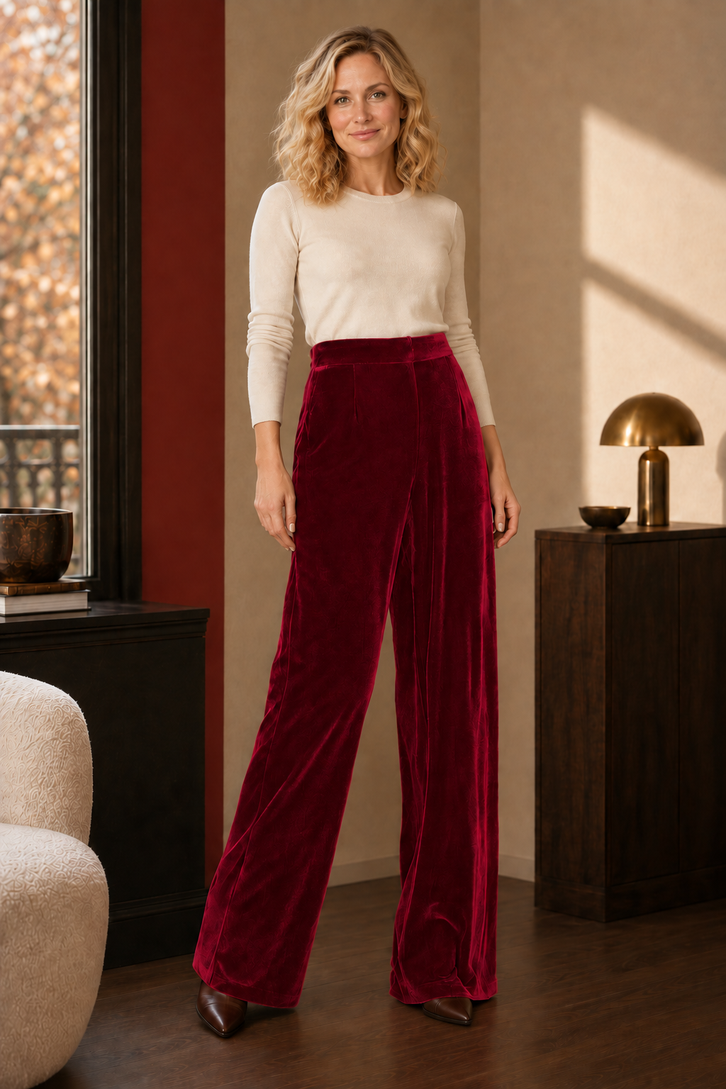 Orla Velvet Wide-Leg Trousers in wine red, full-length view.