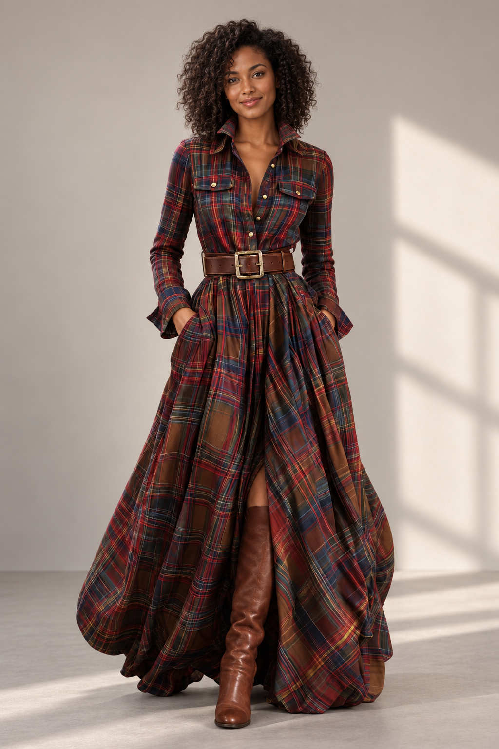 Phoebe Check Maxi Shirt Dress in Red Brown, shown on a model