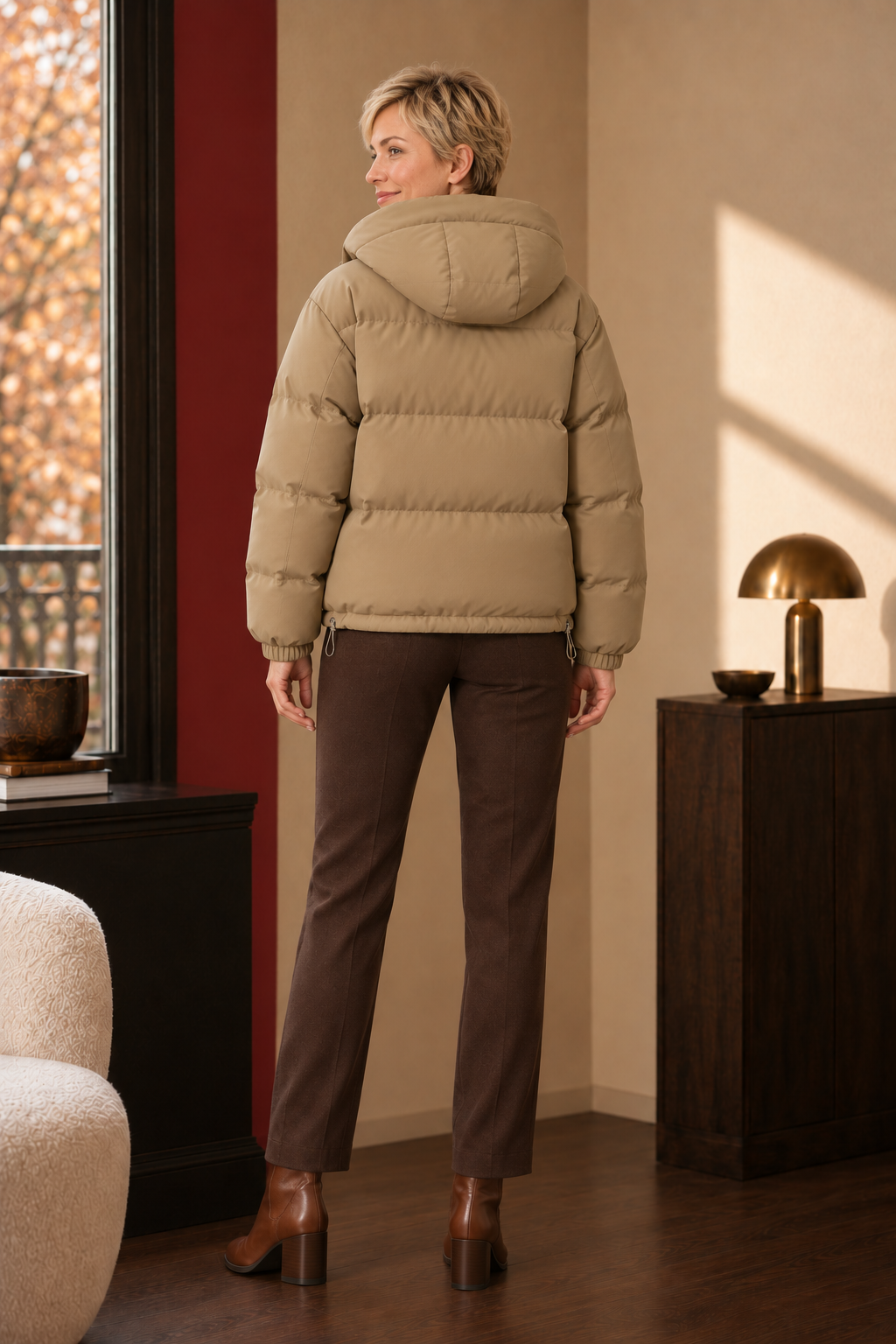Quinn Hooded Puffer Jacket in Warm Khaki, back view.