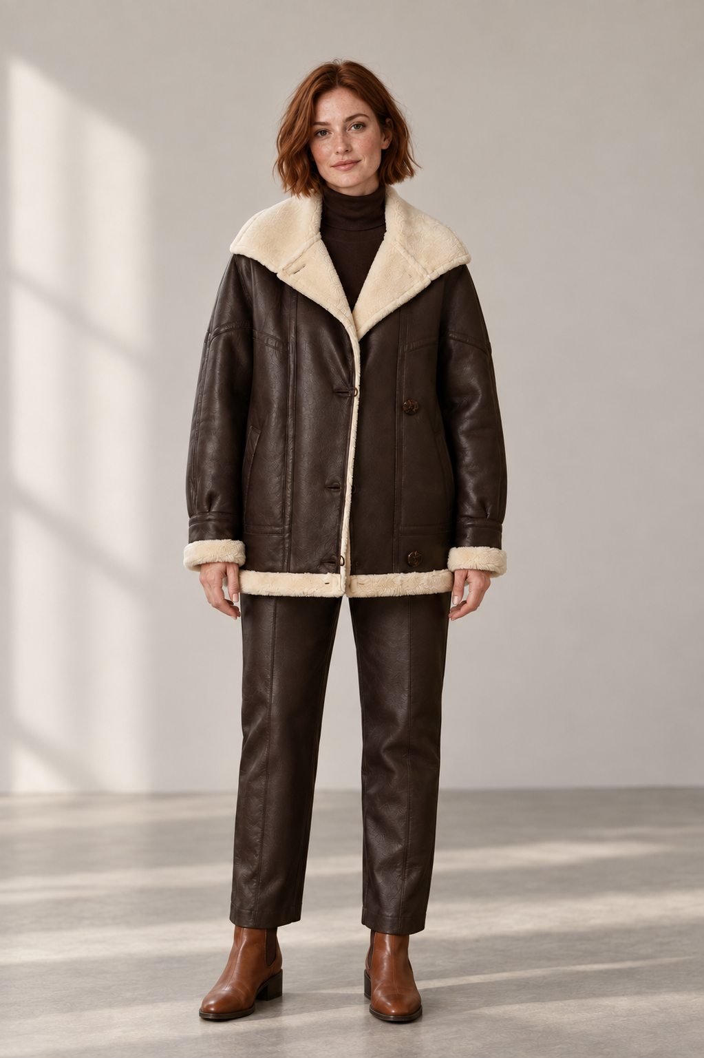 Reese Faux-Leather Teddy-Trim Jacket in Brown, shown on a model