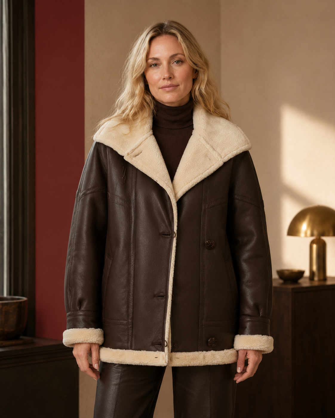 Reese Faux-Leather Teddy-Trim Jacket in brown, collar and trim detail.