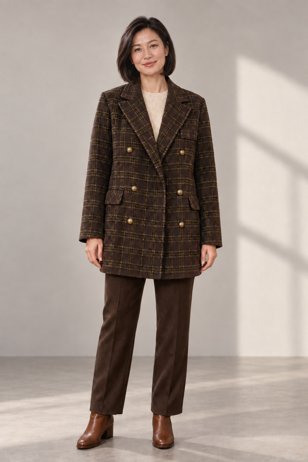 Rowan Check Double-Breasted Coat in Brown, shown on a model