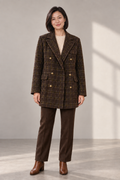 Rowan Check Double-Breasted Coat in Brown, shown on a model