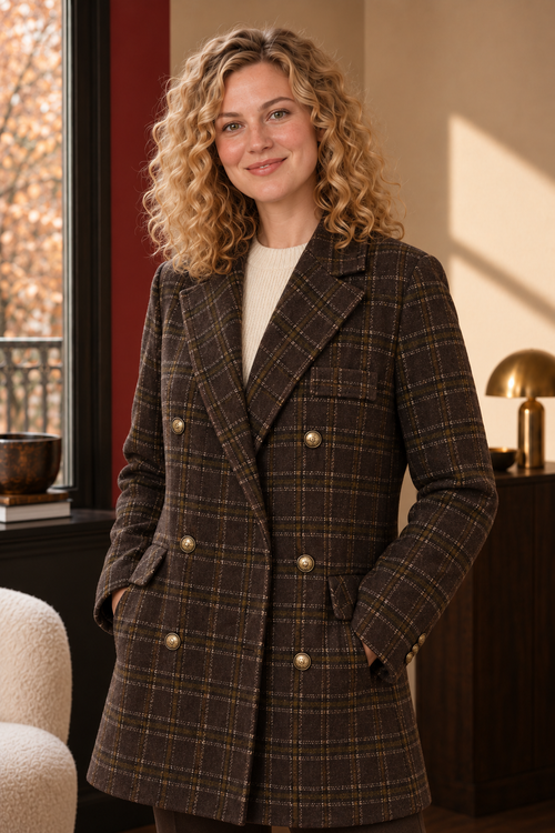 Rowan Check Double-Breasted Coat in brown check, collar and button detail.