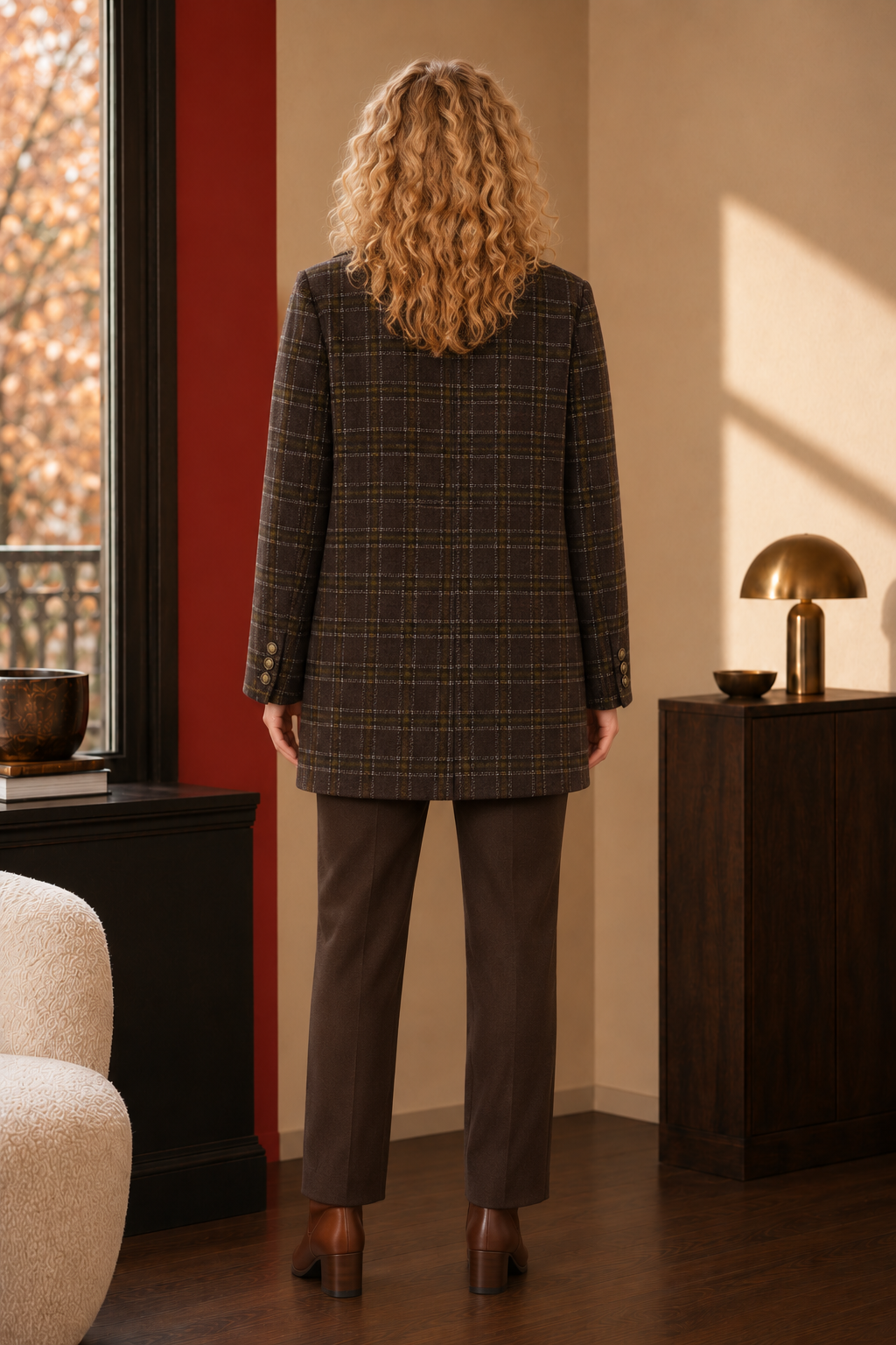 Rowan Check Double-Breasted Coat in brown check, back view.