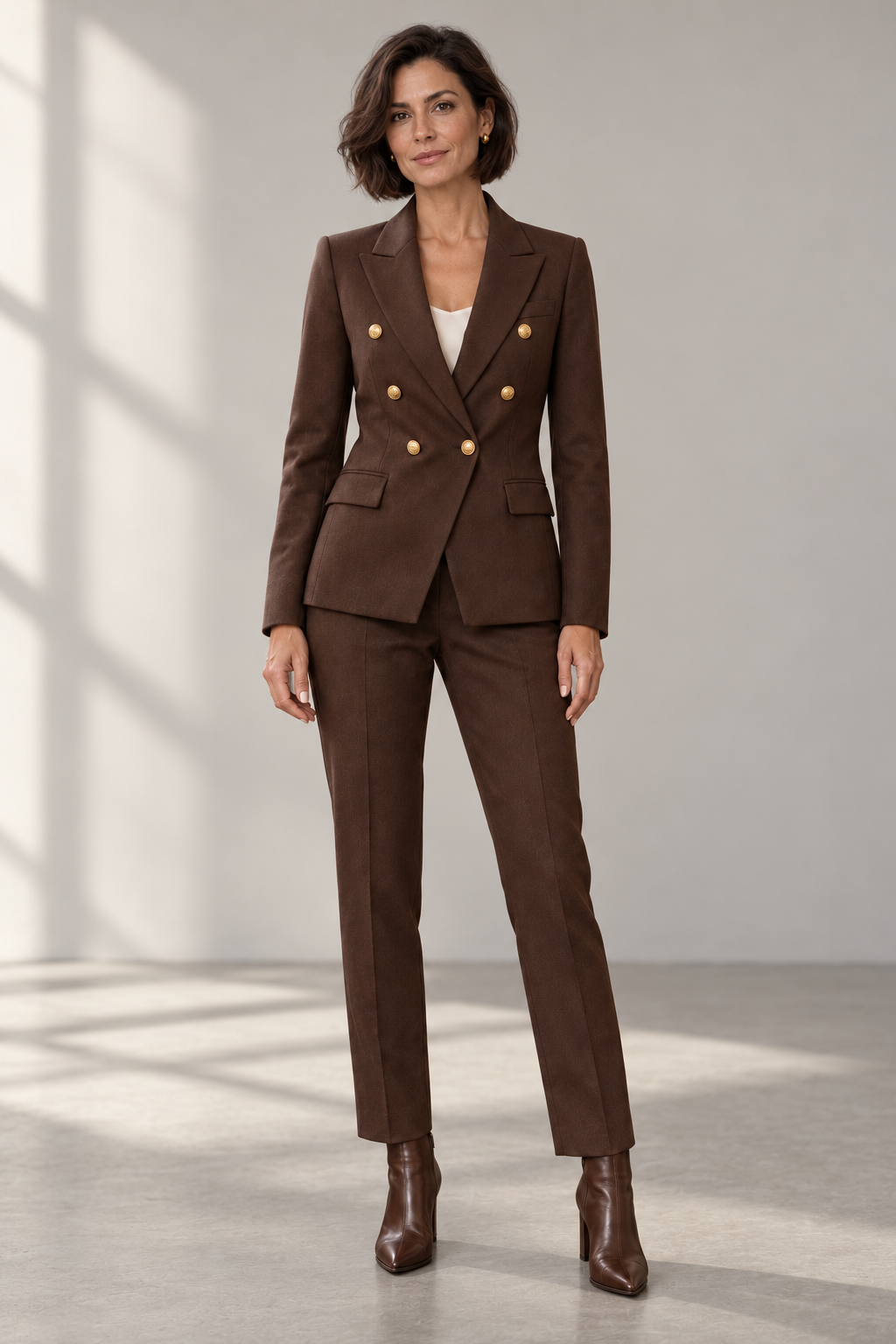 Serena Tailored Trouser Suit in Chocolate Brown, shown on a model