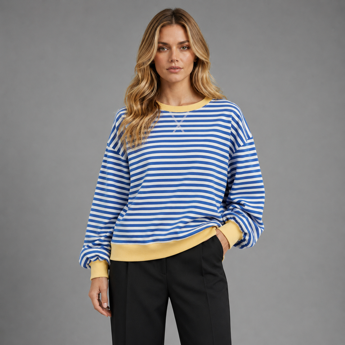 Carovalen sienna blue and white contrast-stripe cotton knit, front studio view