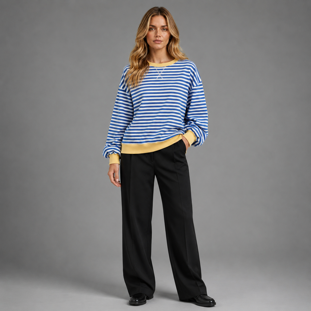 Carovalen sienna blue and white contrast-stripe cotton knit, three-quarter studio view