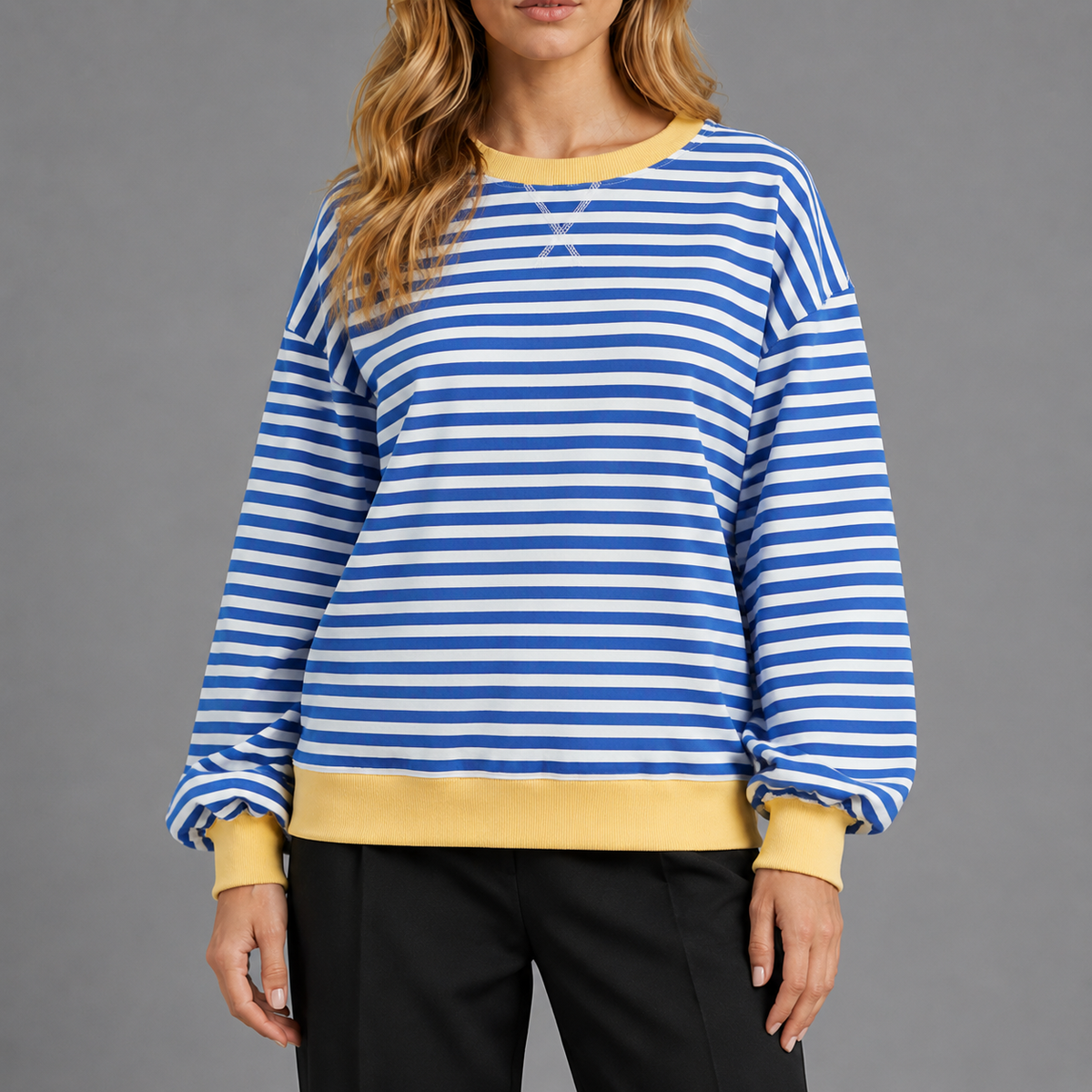 Carovalen sienna blue and white contrast-stripe cotton knit, neckline and stripe detail
