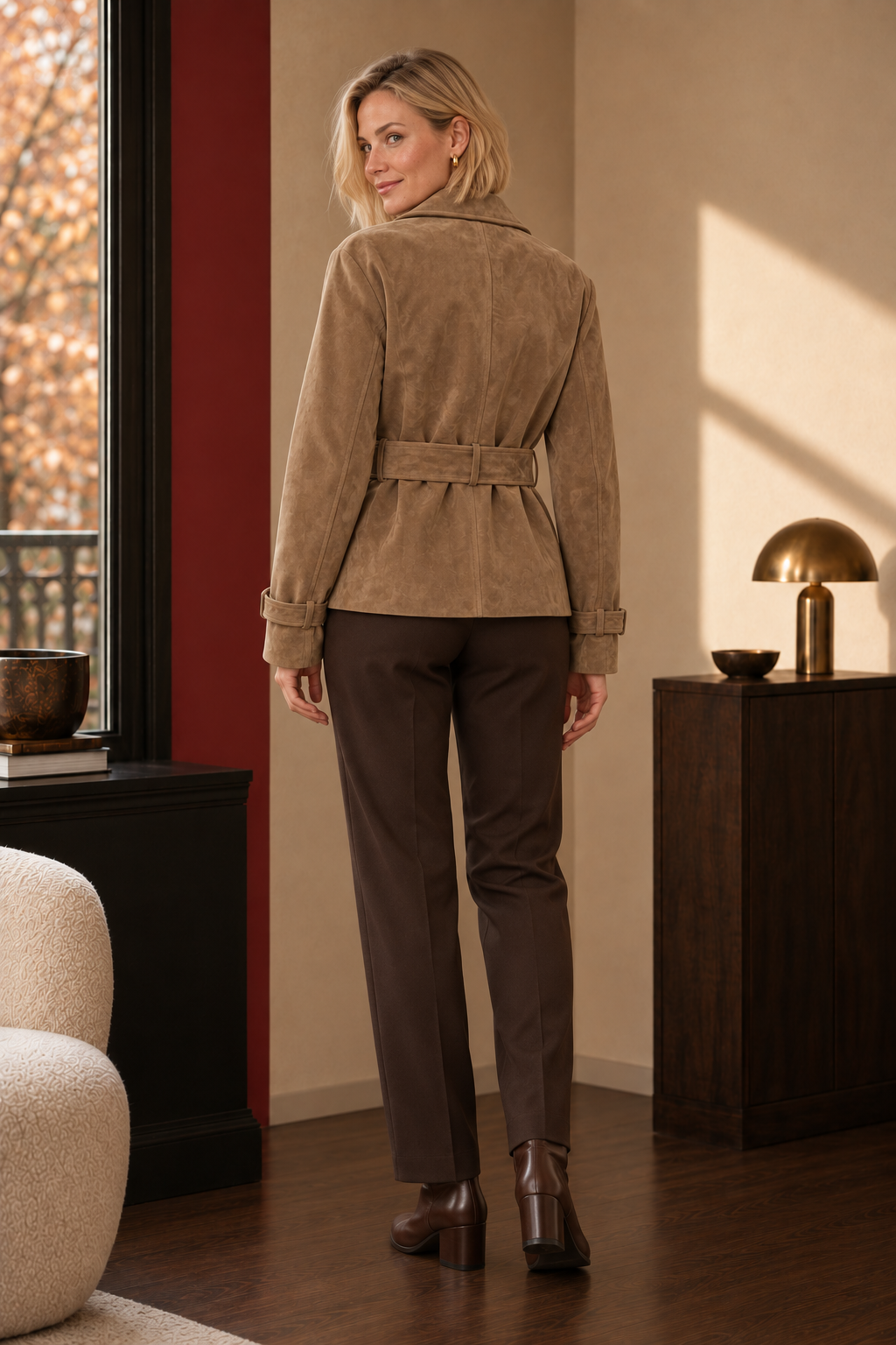 Thea Cropped Suede-Look Trench in camel beige, back view.