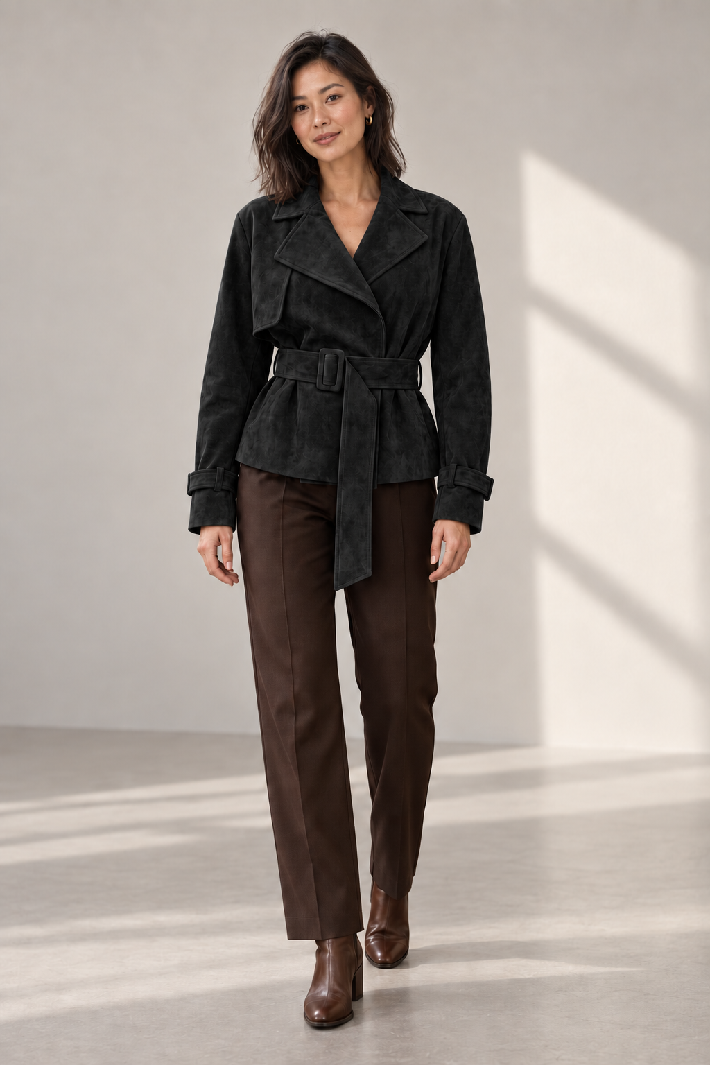 Thea Cropped Suede-Look Trench in Black — digitally recoloured product image