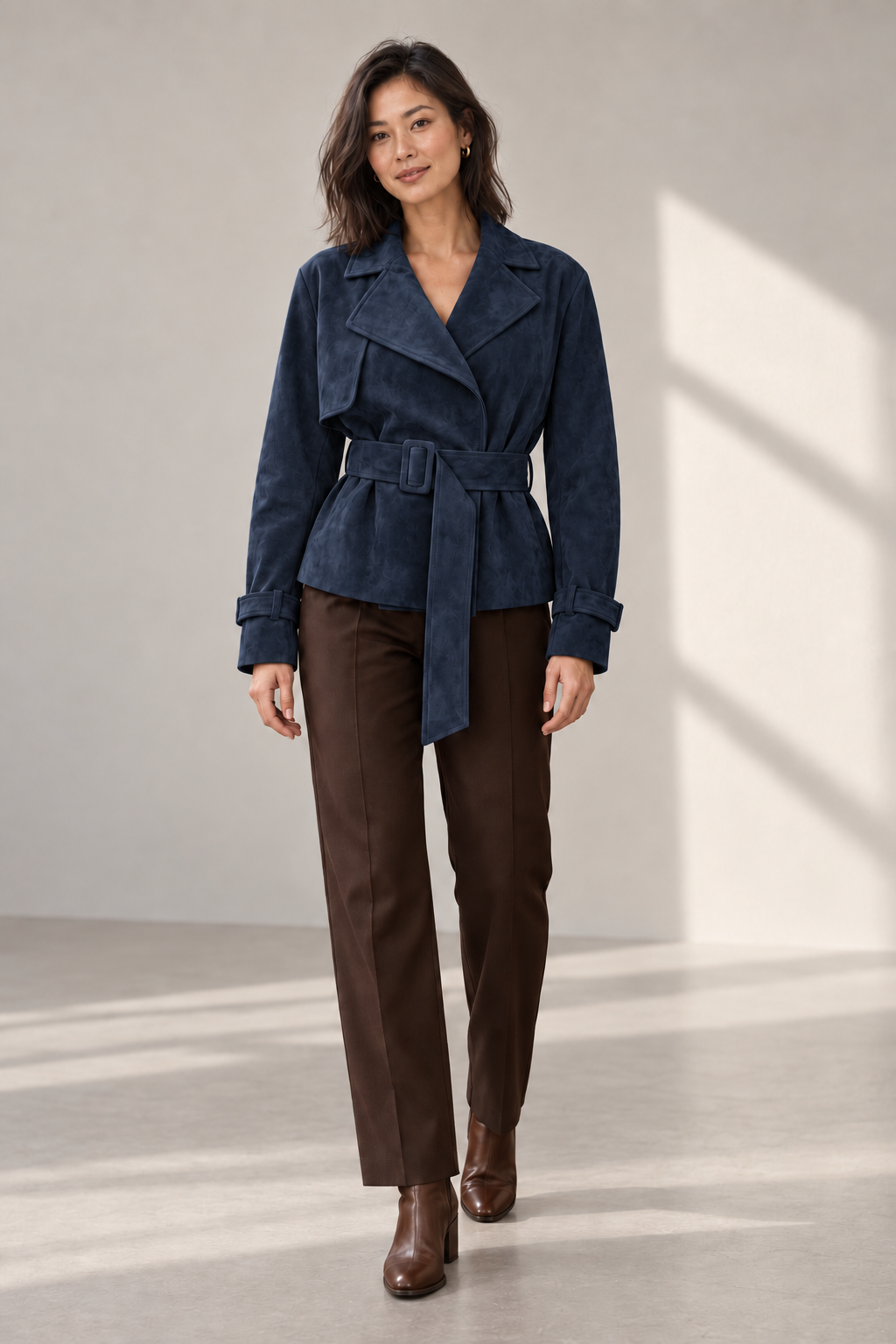 Thea Cropped Suede-Look Trench in Navy — digitally recoloured product image