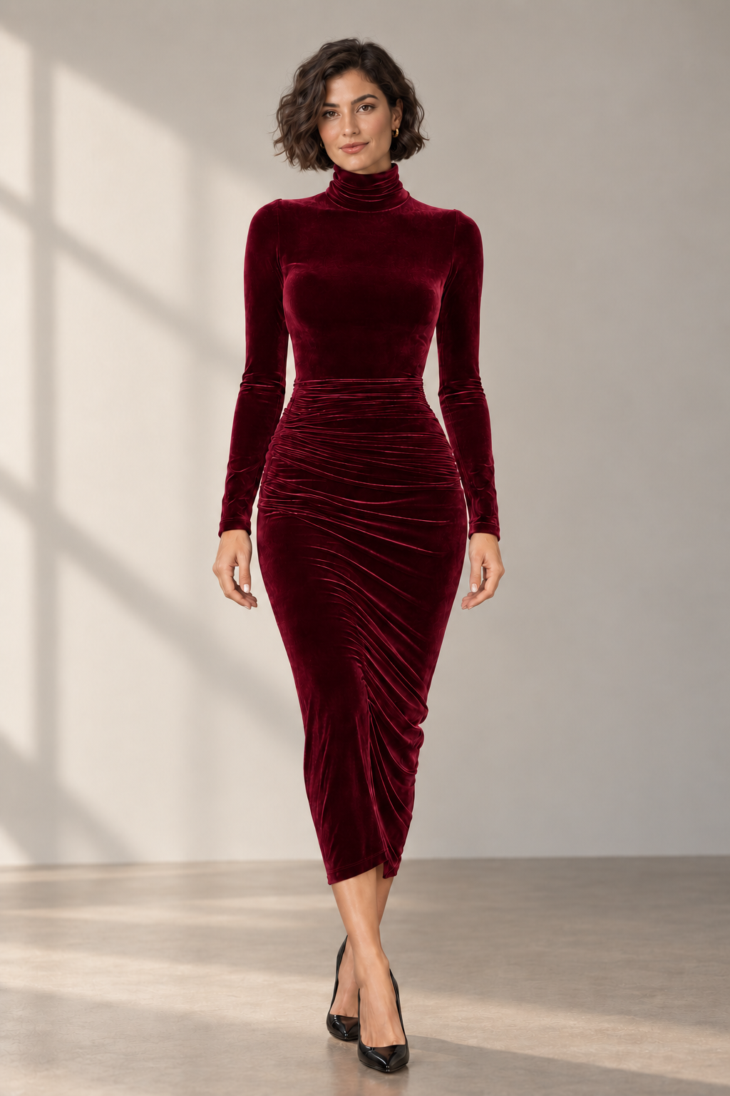 Verity Ruched Velvet Midi Dress in Burgundy — digitally recoloured product image