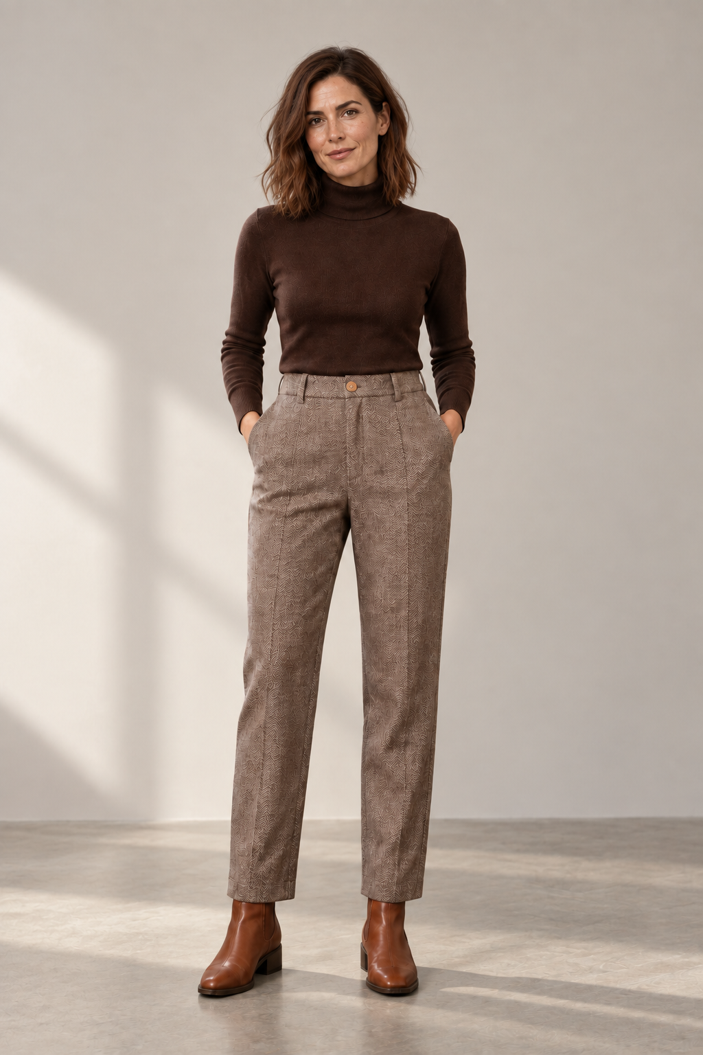 Wren Herringbone Trousers in Brown, shown on a model