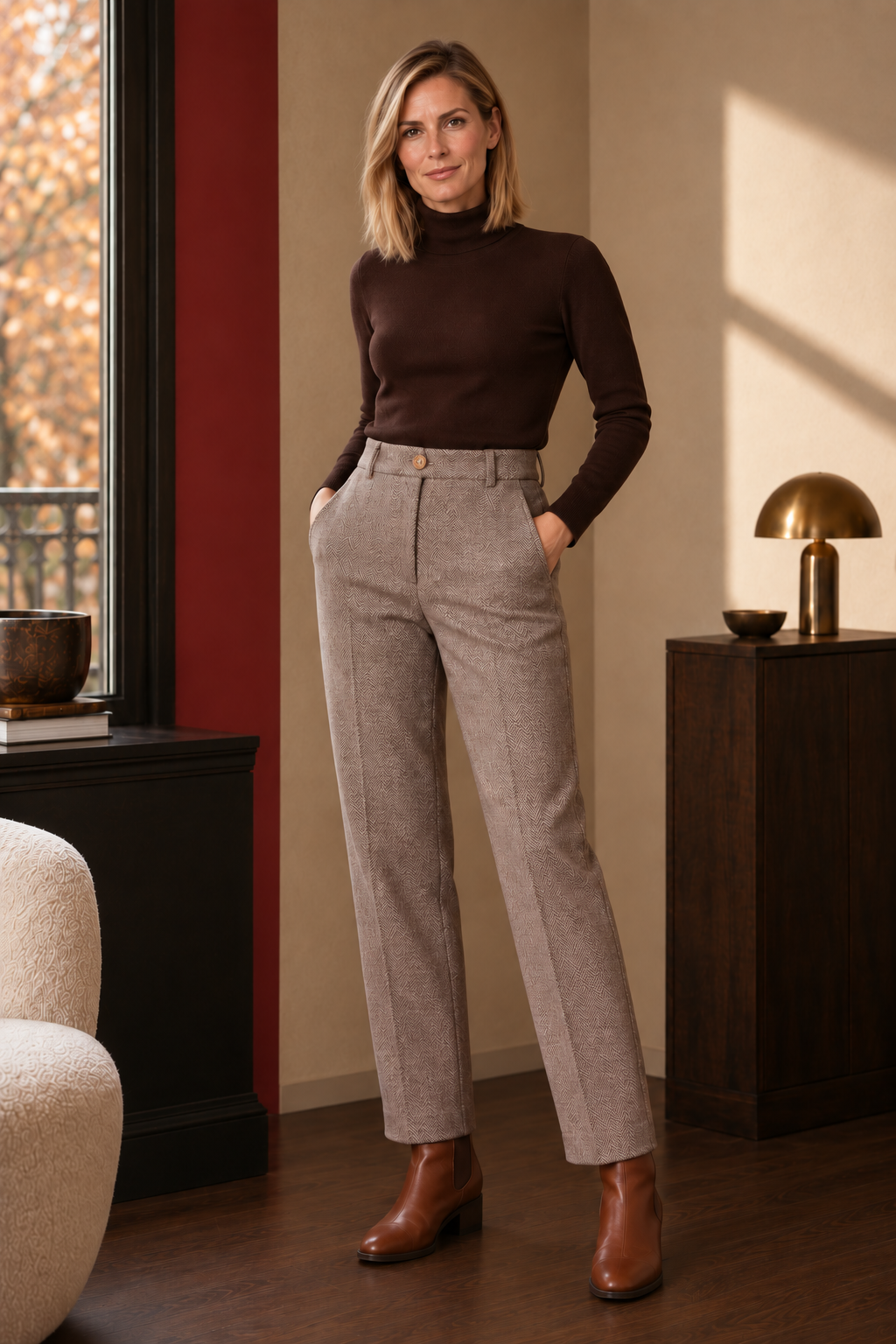 Wren Herringbone Trousers in brown, front view.