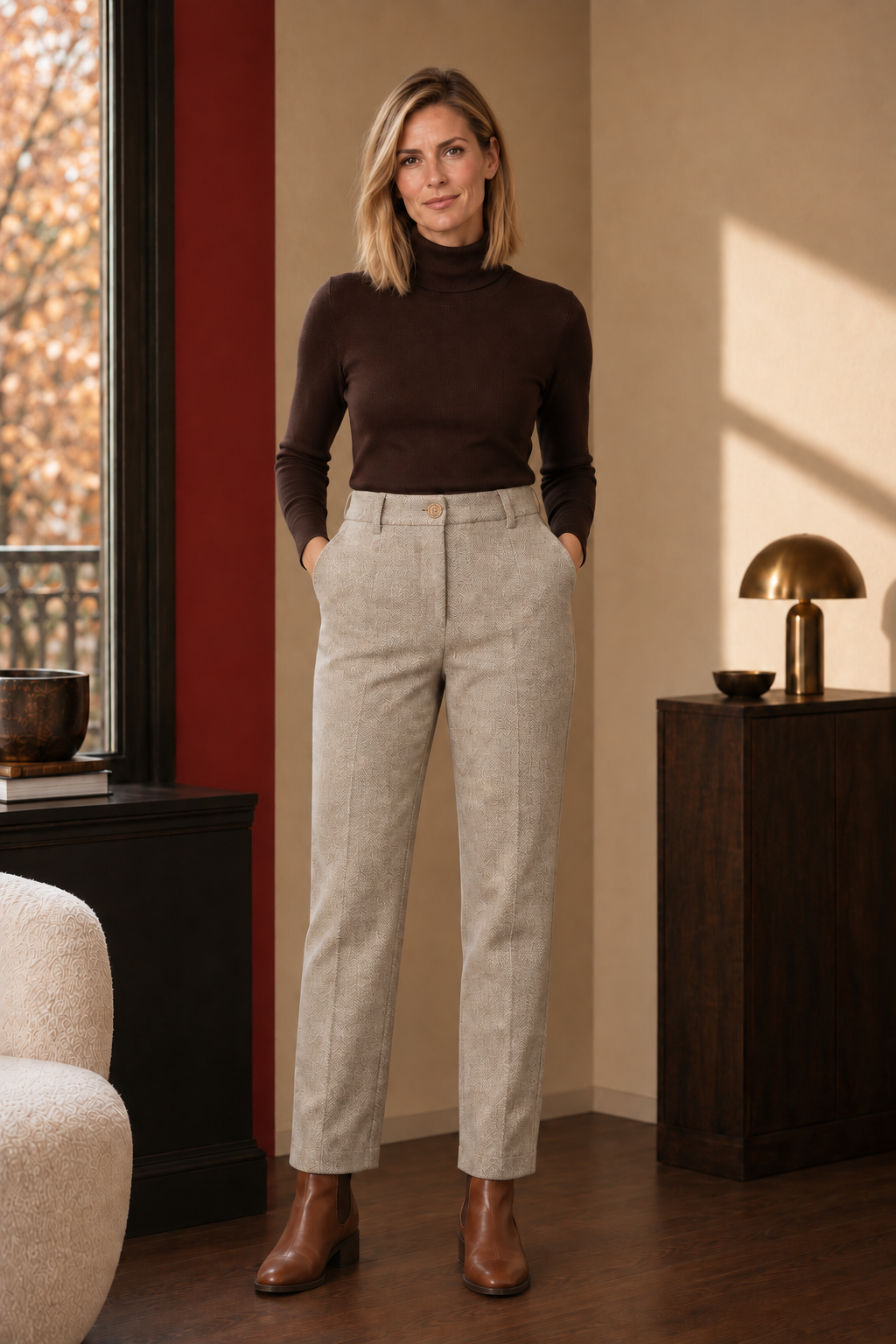 Wren Herringbone Trousers in beige, front view.
